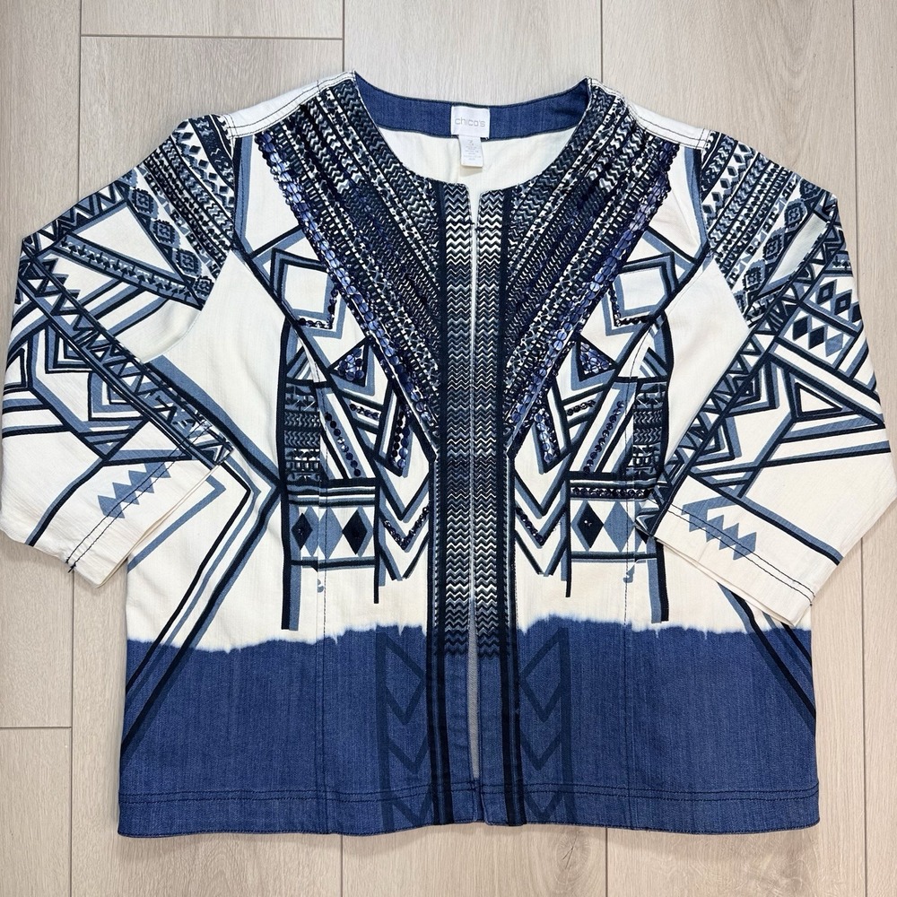 Chicos Womens 3 Blue White‎ Embroidered Beaded Jacket Boho Tribal Stretch